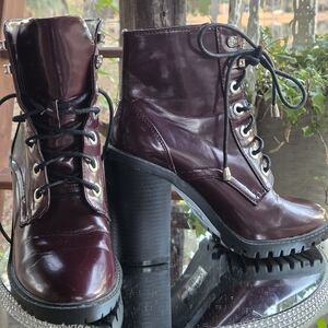 So Me Burgundy Patent Chunky Heel Combat Boots Size 6